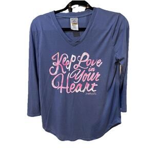 Love This Life “Keep Love In Your Heart” Blue V-Neck Tee 3/4 Sleeve Lady MEDIUM